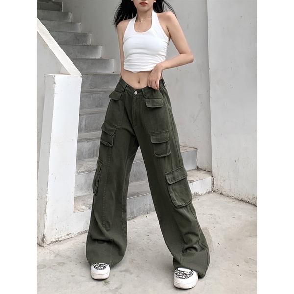 Quần kaki túi hộp Hiphop ống rộng xuông dài cargo pants trơn thời trang cho nữ/nam -hình thật