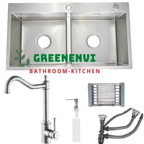 Combo chậu rửa chén bát hai hố cân GREENENVI sus304 8245 + vòi rửa bát sus304 cổ điển 2 đường nước + rổ inox đa năng + bình xà phòng+bộ xả chậu + đôi dây cấp nóng lạnh