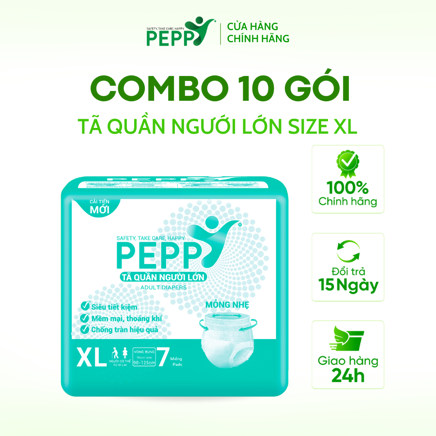 Combo 10 gói Tã/Bỉm Quần Người Lớn, Người Già Peppy Siêu Mỏng, Siêu Thấm, Mềm Mại, Kháng Khuẩn Size M8/L7/XL10