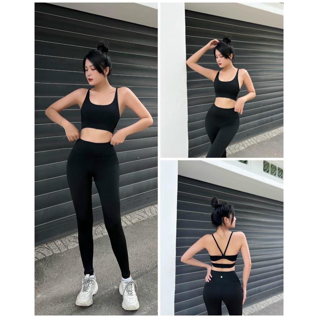 Set đồ tập gym, yoga nữ, quần áo thể thao nữ áo bra đan nơ quần dài legging kèm mút ngực-D23