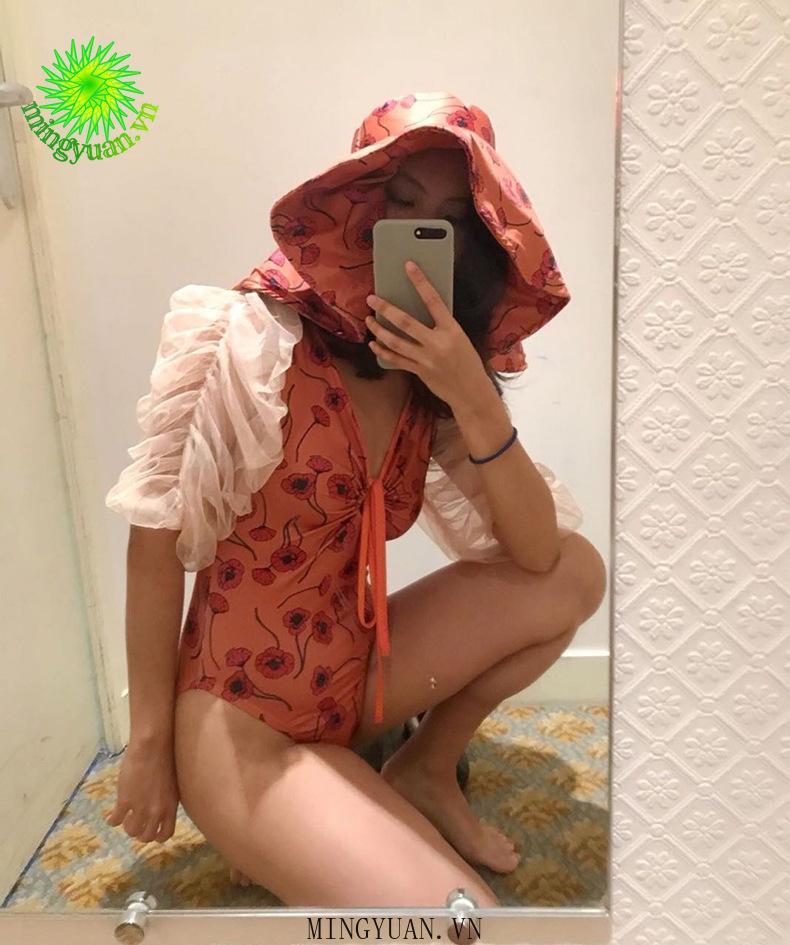 Bikini Liền Thân Tay Phồng Phong Cách Retro Cho Nữ