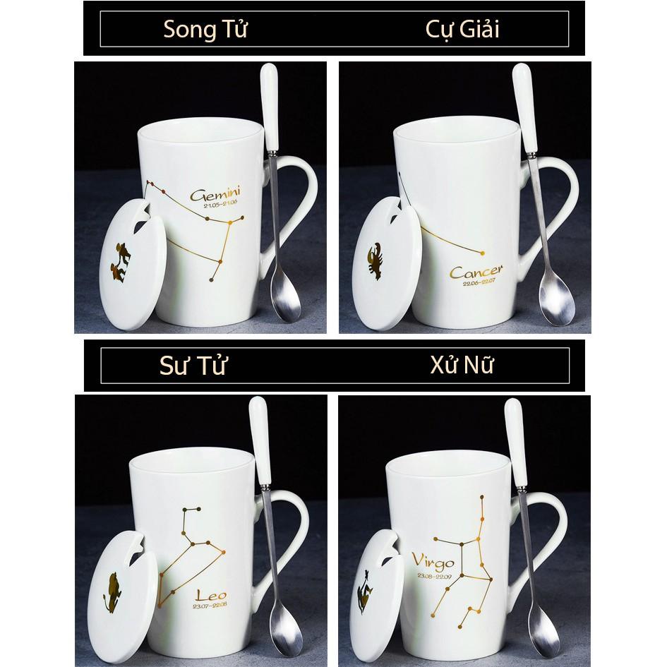 Ly Cốc Sứ Có Nắp TRẮNG in Hình 12 Cung Hoàng Đạo Cực Đẹp