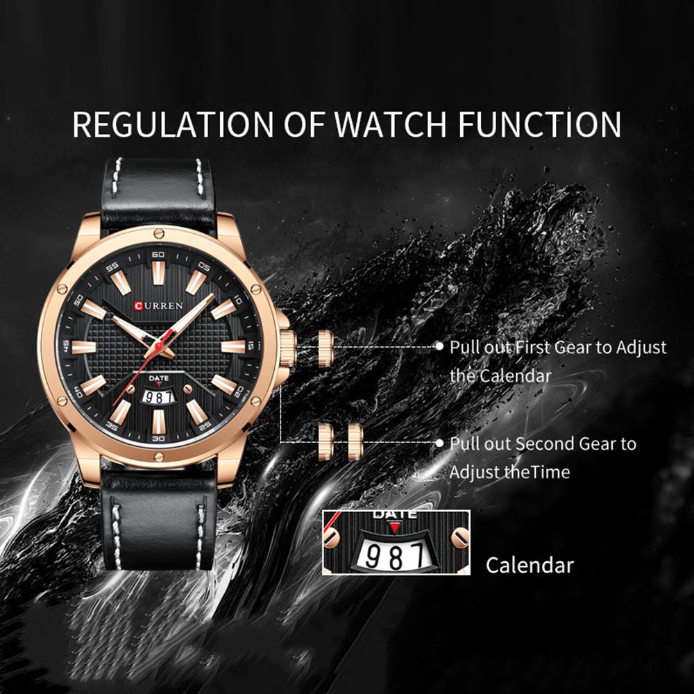 Đồng hồ Quartz Dây đeo bằng da Hiển thị thời gian & Lịch chống thấm nước 3ATM