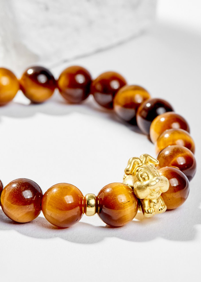 Vòng Tay Phong Thủy Đá Mắt Hổ Vàng Nâu Phối Charm Tuổi Mão Bạc Mạ Vàng 24K Mệnh Thổ, Kim Ngọc Quý Gemstones