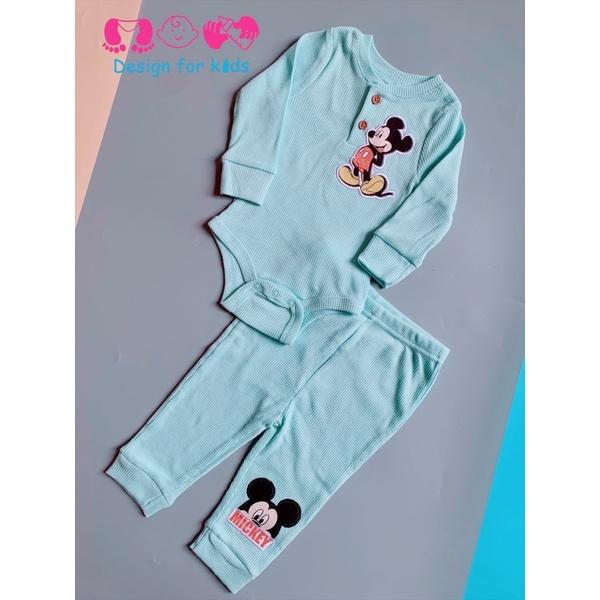 Set bodysuit body chip dài tay kèm quần dài vải len tăm Disney baby cho bé