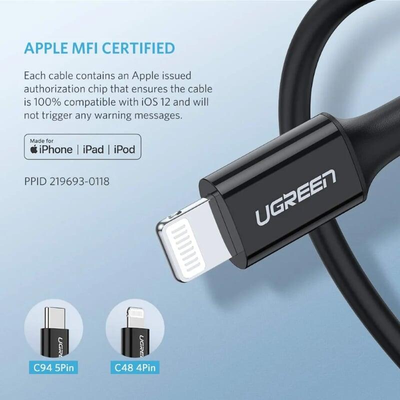 Ugreen UG60751US171TK 1M màu Đen Cáp sạc + truyền dữ liệu Lightning sang Type C - HÀNG CHÍNH HÃNG
