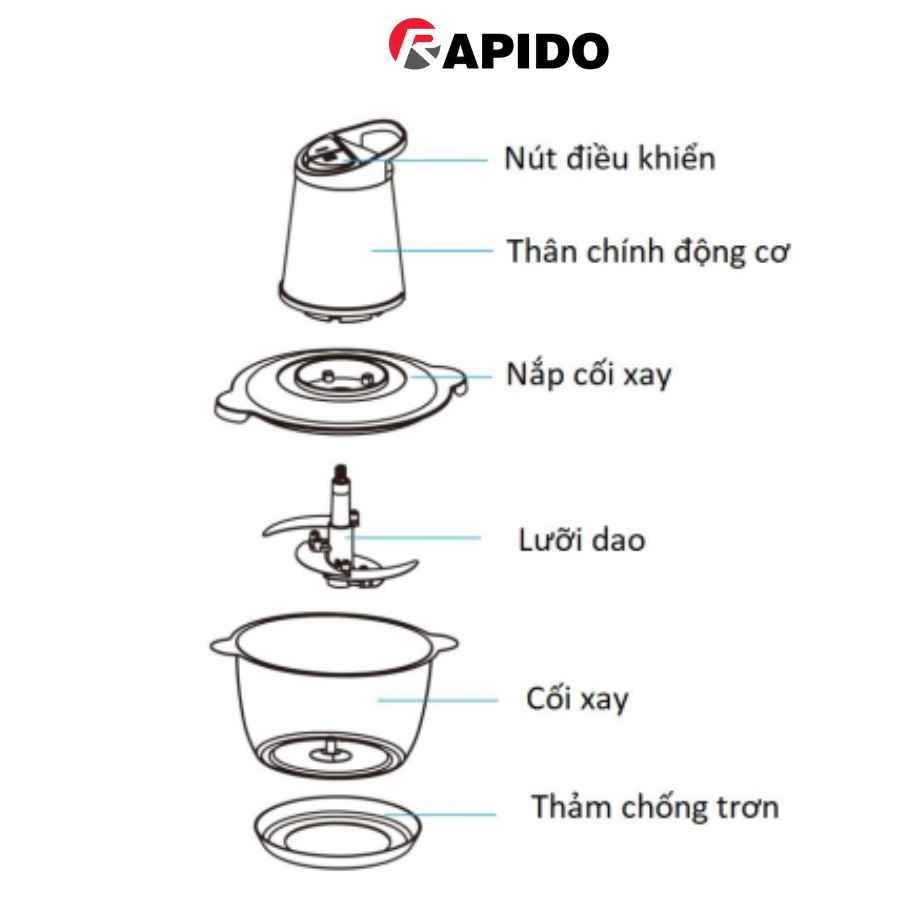 Máy xay thịt đa năng Rapido cối thủy tinh 2L công suất 300W, 4 lưỡi dao, tự động ngắt, BH 1 năm -Hàng chính hãng