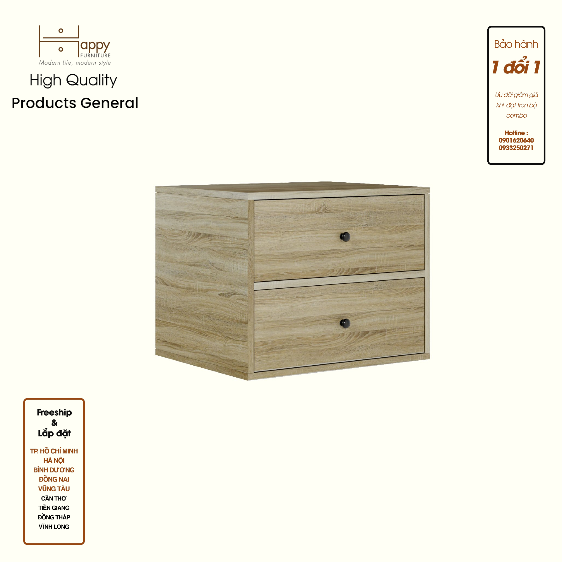HAPPY FURNITURE , ZACY - Táp đầu giường 2 ngăn kéo , THK_213 , 55cm x 45cm x 44cm DxRxC, Sản phẩm phổ thông