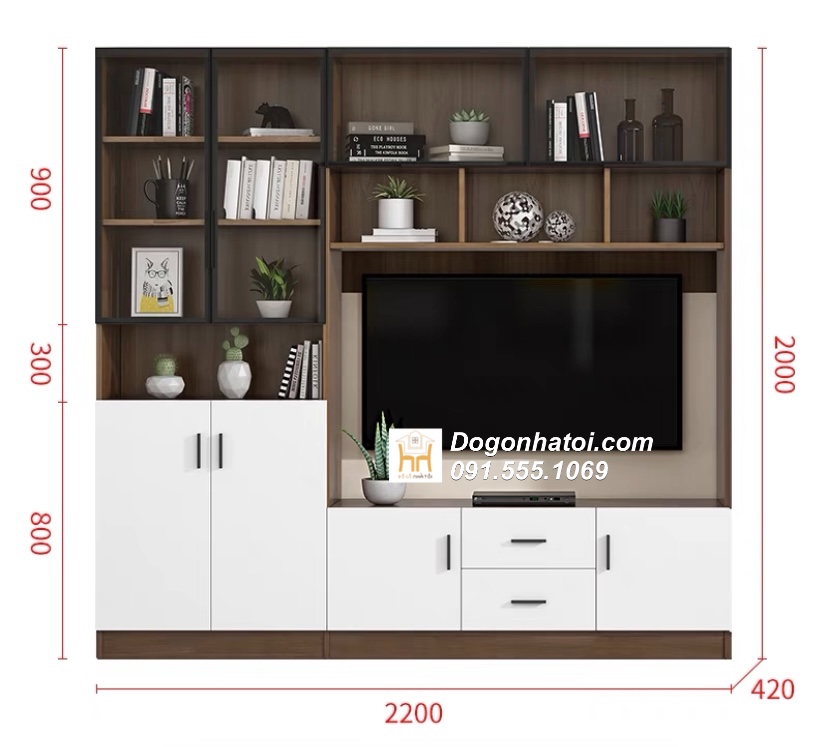 Tủ Kệ Tivi Kiêm Giá Sách Có Kính Đơn Giản Đẹp 2m X 1m8 - TR631