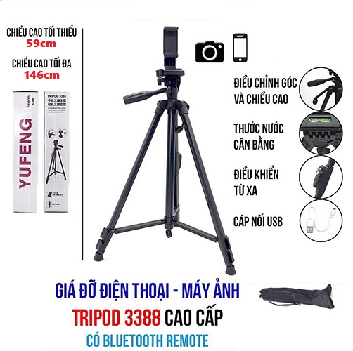 Gậy chụp ảnh YUFENG TRIPOD 3388: Cao tối đa 146cm, chắc chắn, Có khiển Bluetooth chụp xa, Gấp gọn thuận tiện di chuyển