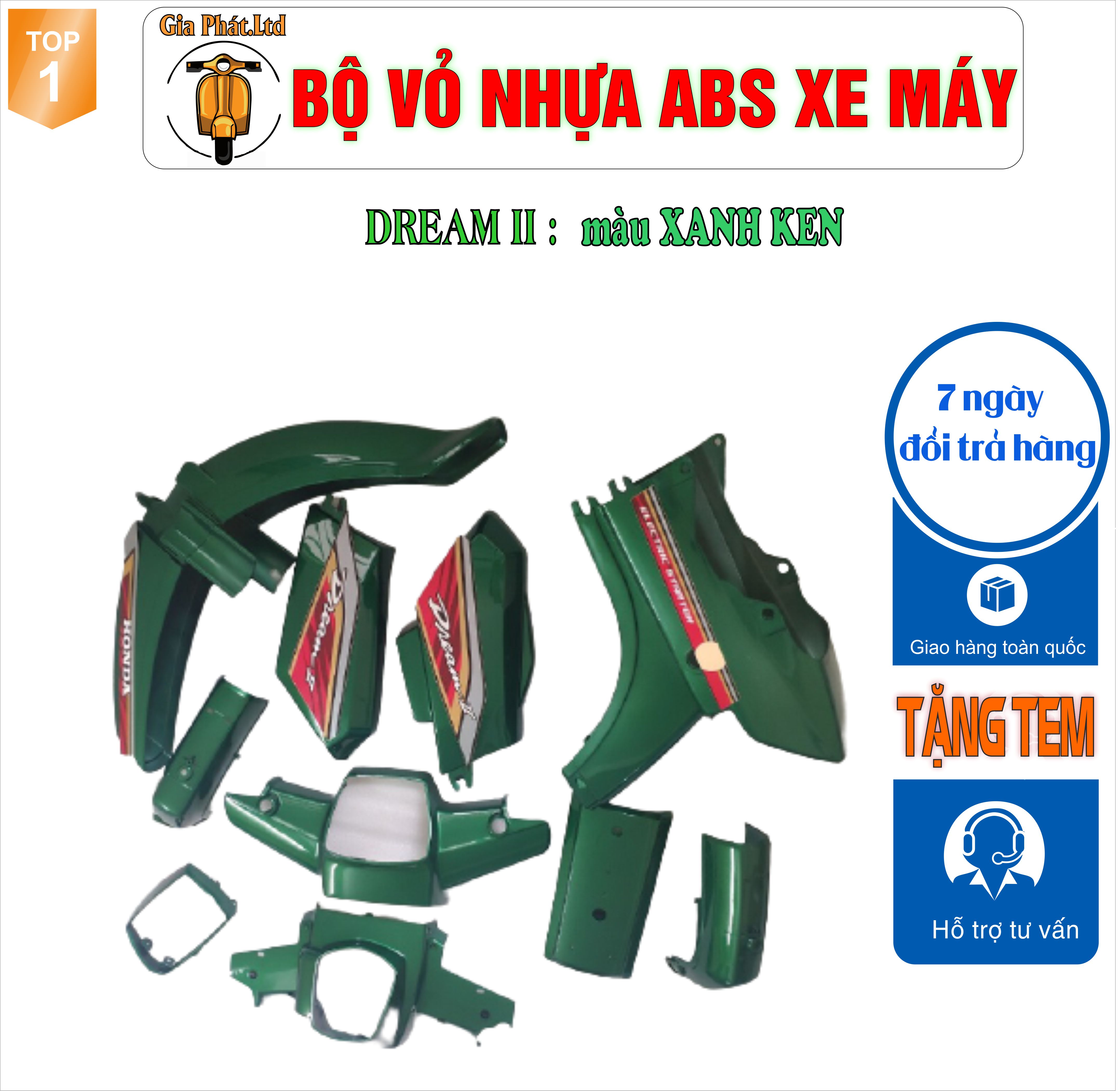 [TẶNG TEM] Bộ nhựa dàn áo xe Dream II - Dream Việt - Thái - Tàu - màu XANH KEN