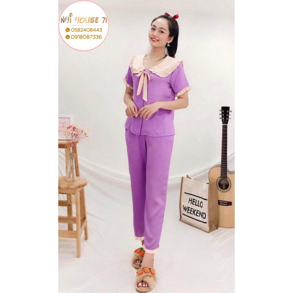 Bộ lụa Pijama NHIHOUSE71 Bộ Quần Dài Tay Ngăn Lụa Satin Tiểu Thư Cổ Phối Bèo Nơ Freesize 45-58kg