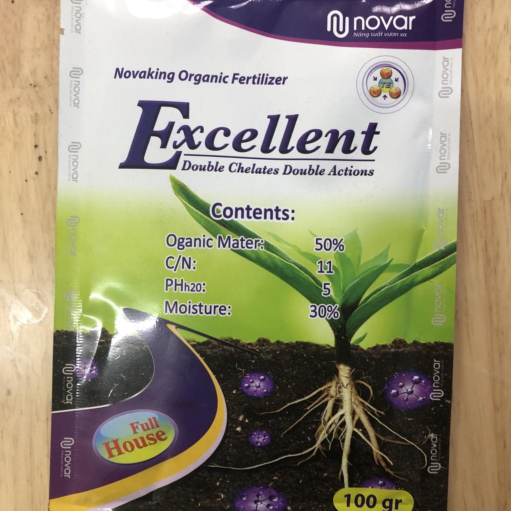 Phân bón hữu cơ Excellent 100g, ra rễ mạnh, giúp cây ra hoa, đậu trái, lớn trái, to củ, mã đẹp, phát triển đồng đều