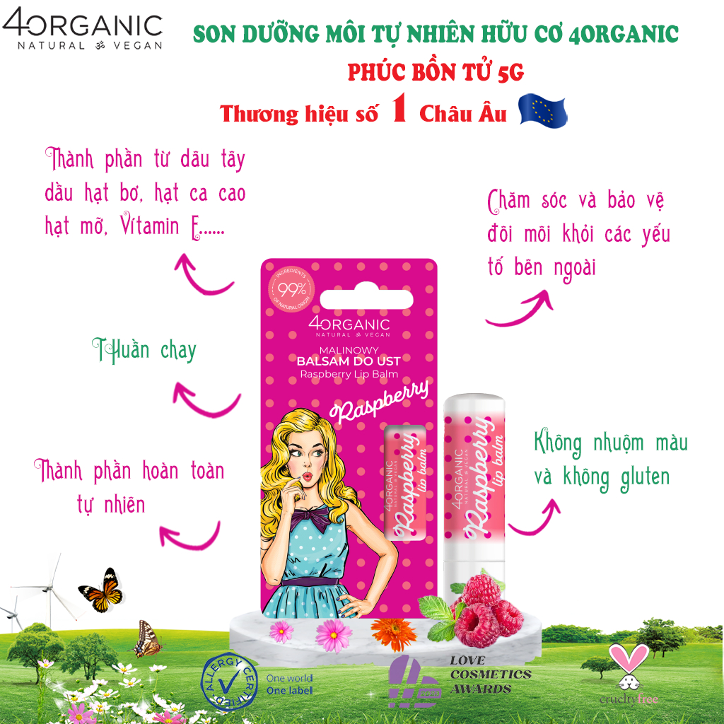 Son dưỡng môi thuần chay 4Organic 5g giúp môi hồng hào, mềm mịn