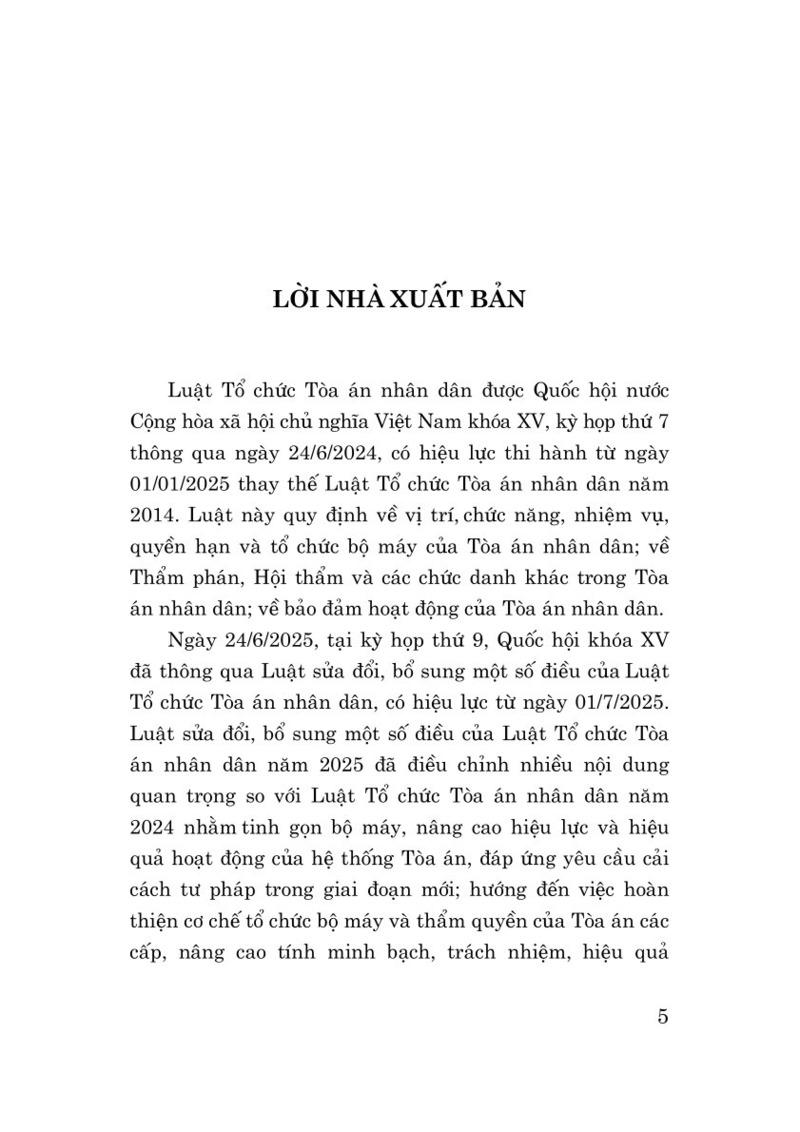 Sách - Luật Tổ Chức Tòa Án Nhân Dân Năm 2024 (Sửa Đổi, Bổ Sung Năm 2025)