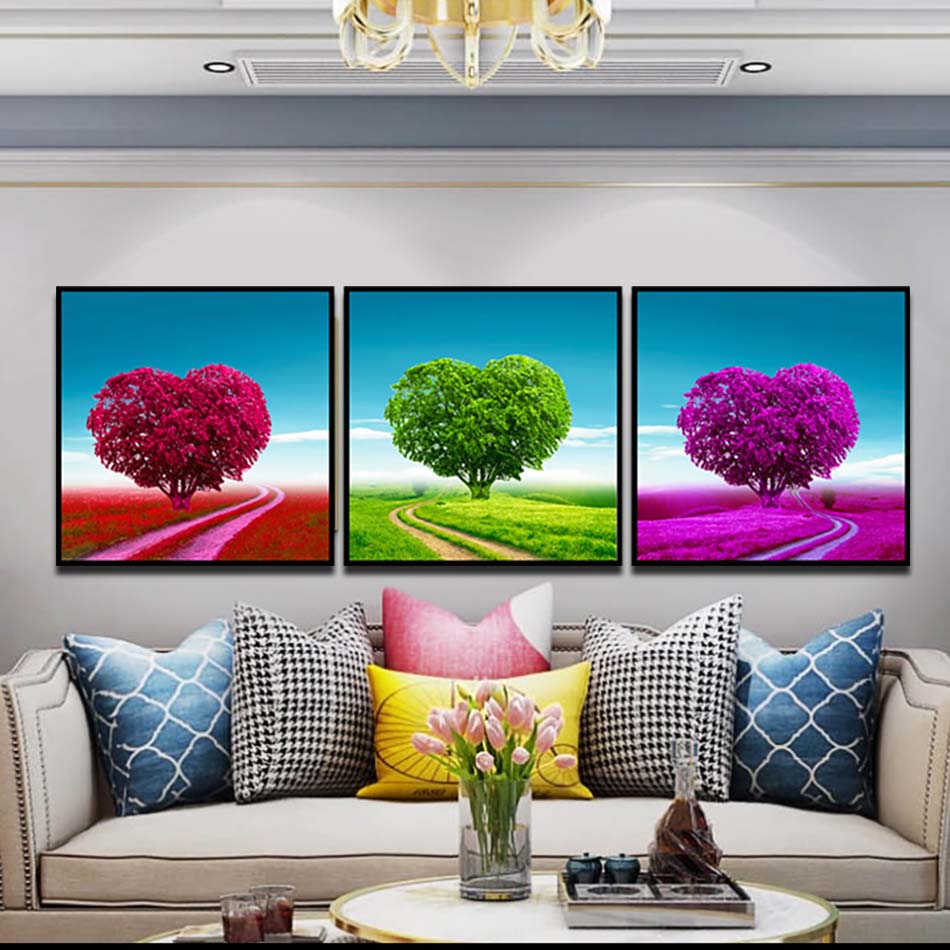 Bộ 3 tranh canvas treo tường Decor Con đường cây trái tim lãng mạn- DC097