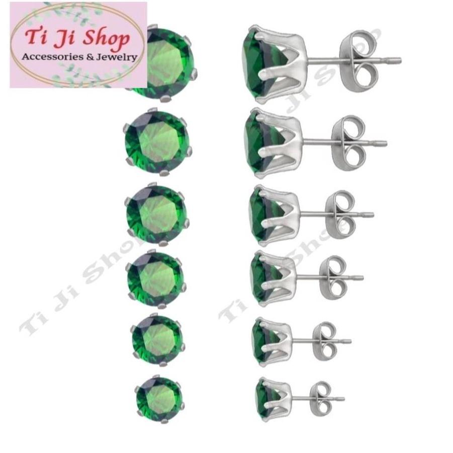 Bông tai inox đá tròn màu xanh lá cao cấp (1 đôi) không đen, không gỉ sét, không dị ứng