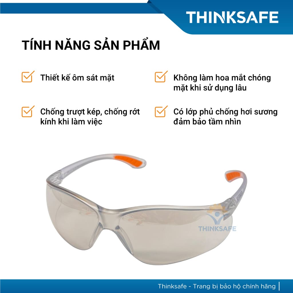 Mắt kính bảo hộ lao động Everest Thinksafe, Kính bảo vệ mắt trong suốt, chống bụi, chống tia UV, dùng đi đường (Trắng tráng bạc)