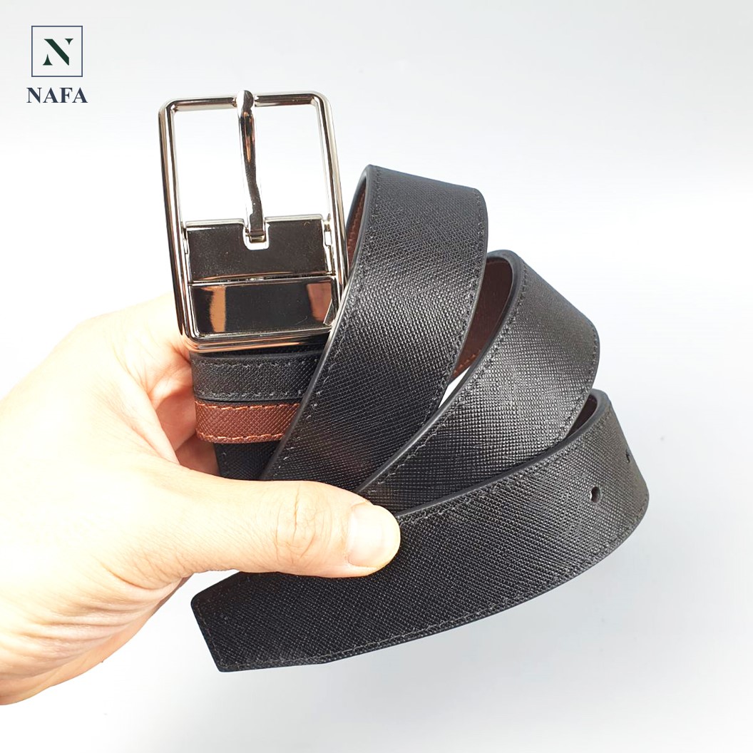 Thắt lưng da Saffiano cao cấp 2 màu dây, khóa kim xoay tiện lợi sang trọng NAFA BL120