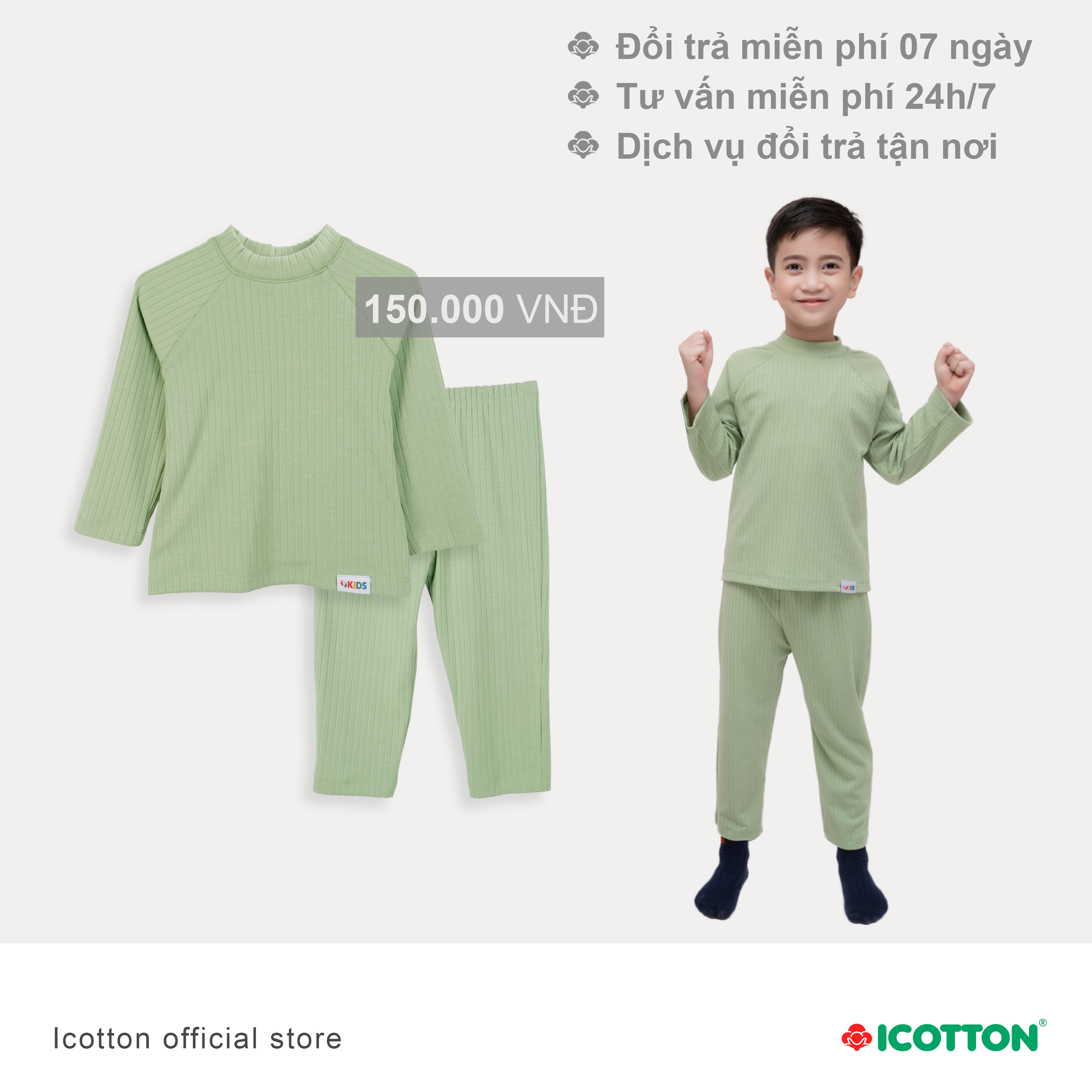 Bộ giữ nhiệt icotton cho bé từ 1 đến 10 tuổi màu Xanh cốm