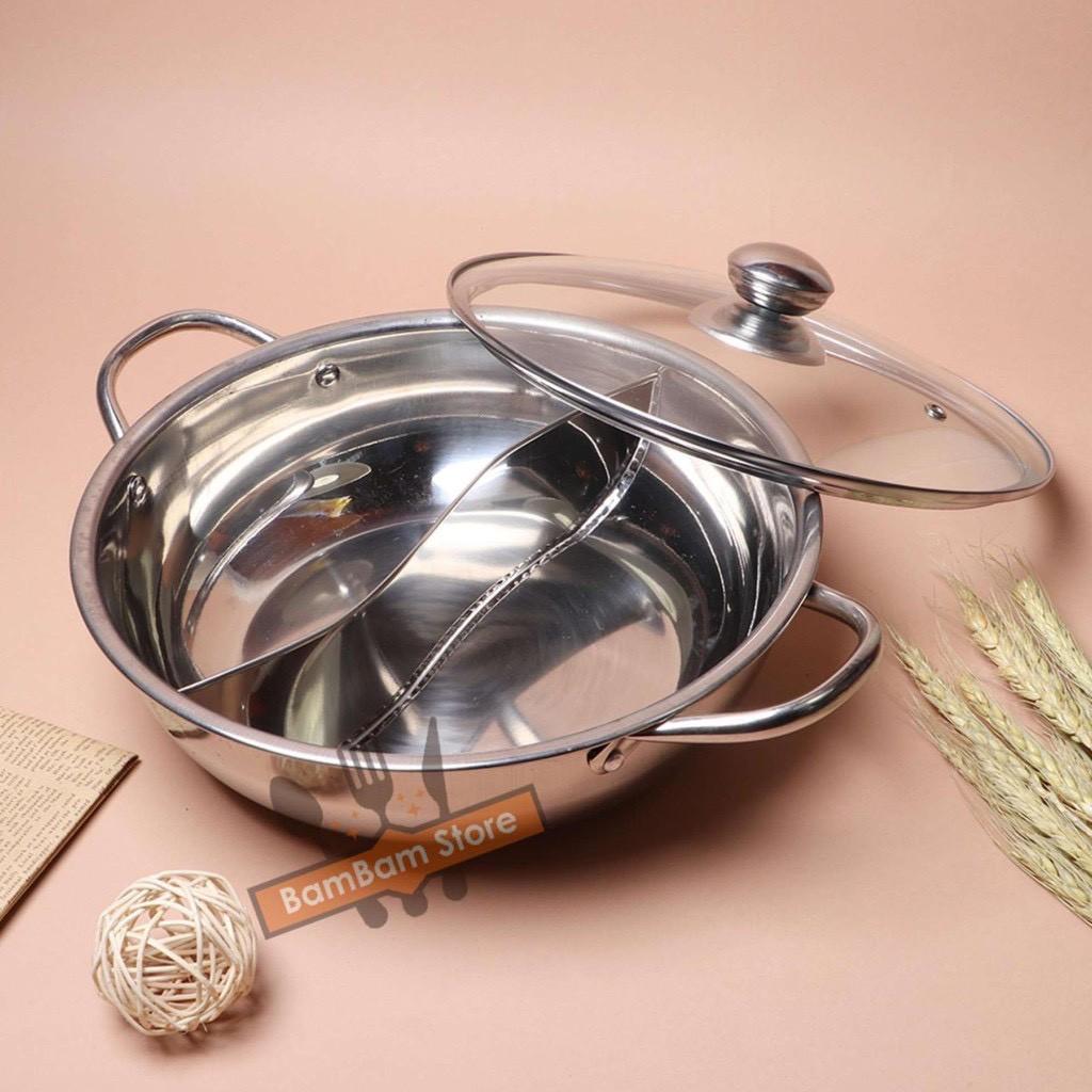 Nồi lẩu 2 ngăn 32cm, nấu được bếp từ nhé có nắp kính