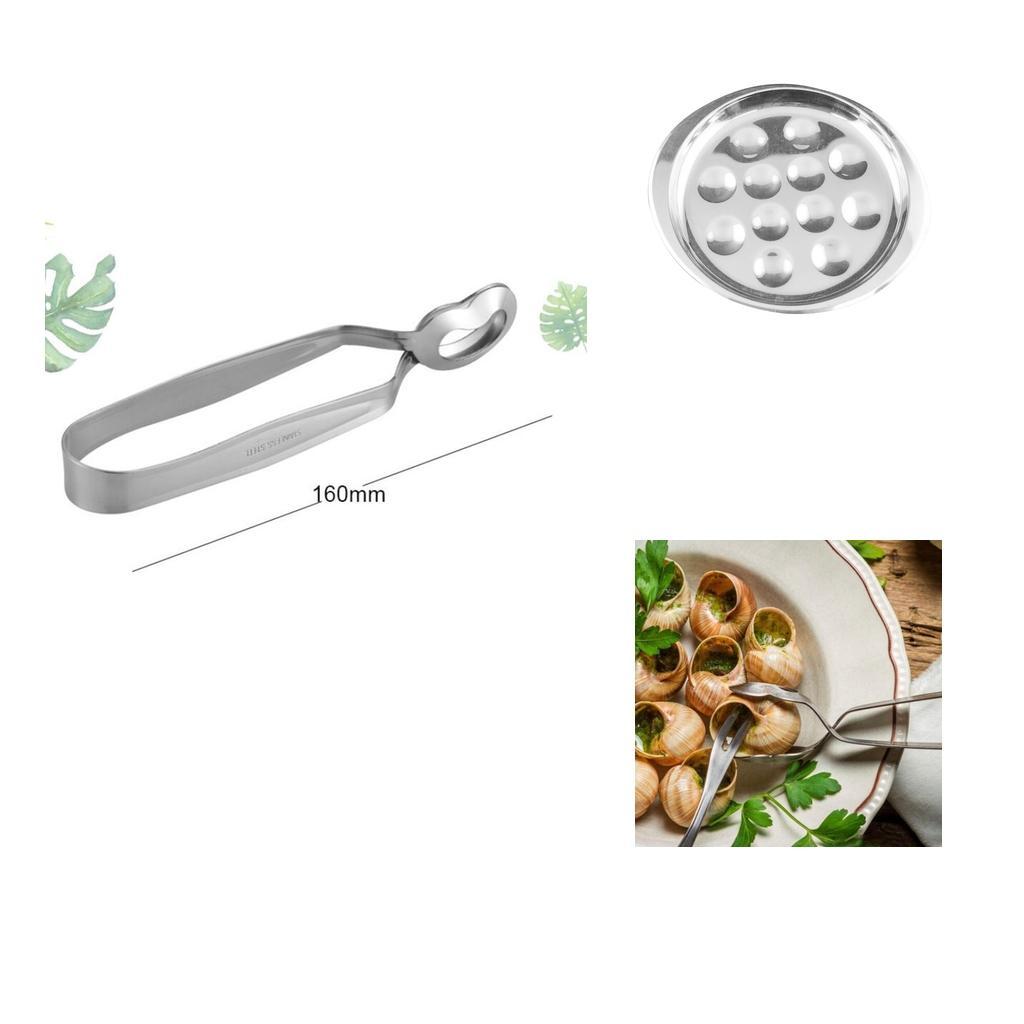 Stainless Steel Snail Escargot Plate Dishes 12 Compartment Holes Tong