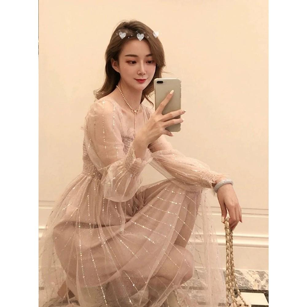Đầm Ulzzang kim tuyến thắt nơ