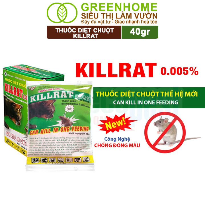 Thuốc Diệt Chuột Greenhome, Killrat, Bao 40gr, Thế Hệ Mới, Hiệu Quả, Diệt Cả Đàn, Giúp Nhà Sạch Sẽ, Bảo Vệ Vườn