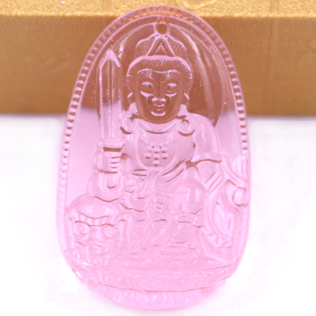 Mặt Phật Văn thù pha lê hồng 1.9cm x 3cm  kèm vòng cổ dây cao su đen + móc inox vàng, Phật bản mệnh, mặt dây chuyền