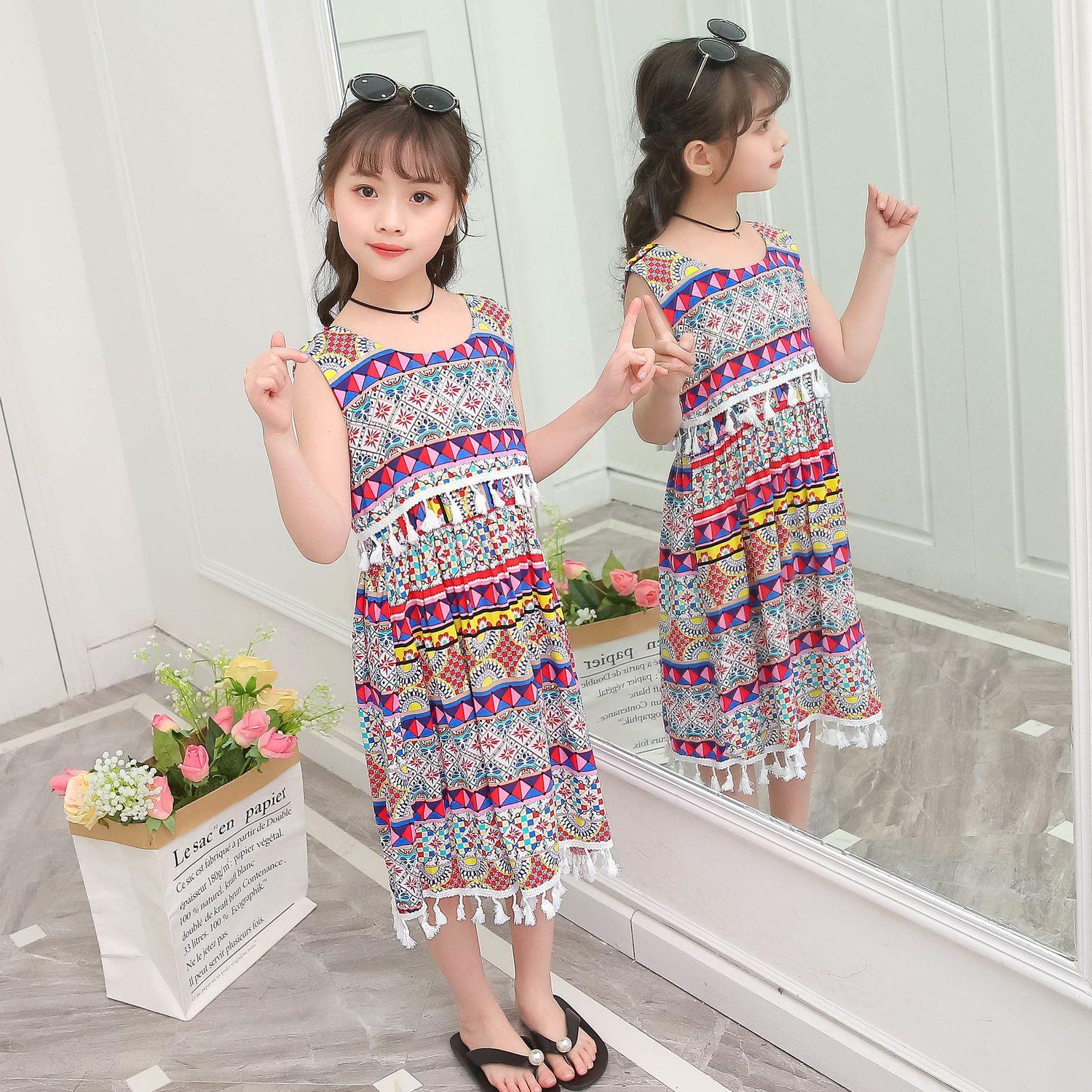 CHENGRUI Bé gái dân tộc phong cách ăn mặc mùa hè bông lụa vest không tay trung bình trẻ em