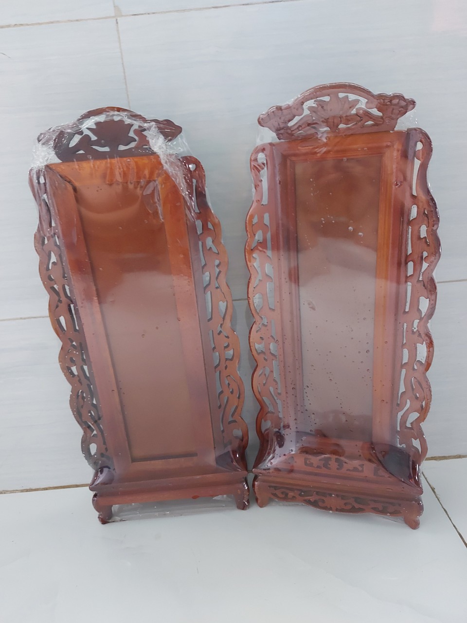 Bài vị thờ gia tiên gỗ chạm khắc ép kính viền hoa cao cấp cao 40cm - 48cm