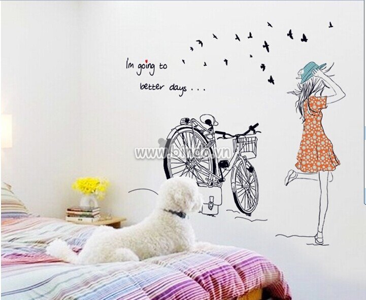 Decal dán tường xe đạp và cô gái lãng mạn