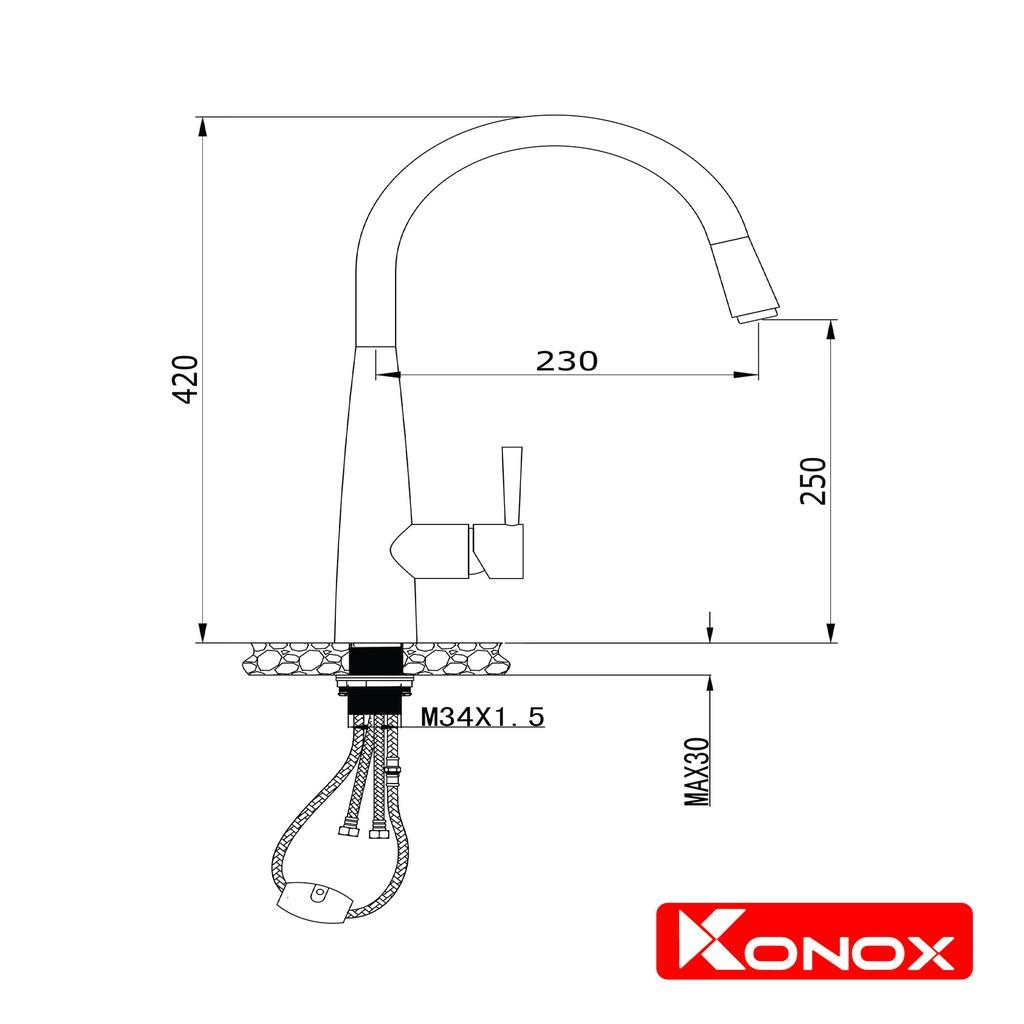 Vòi rửa bát dây rút KONOX KN1901N hợp kim đồng 61% tiêu chuẩn Châu Âu CW617N, bề mặt xử lý công nghệ PVD Chrome 5 lớp