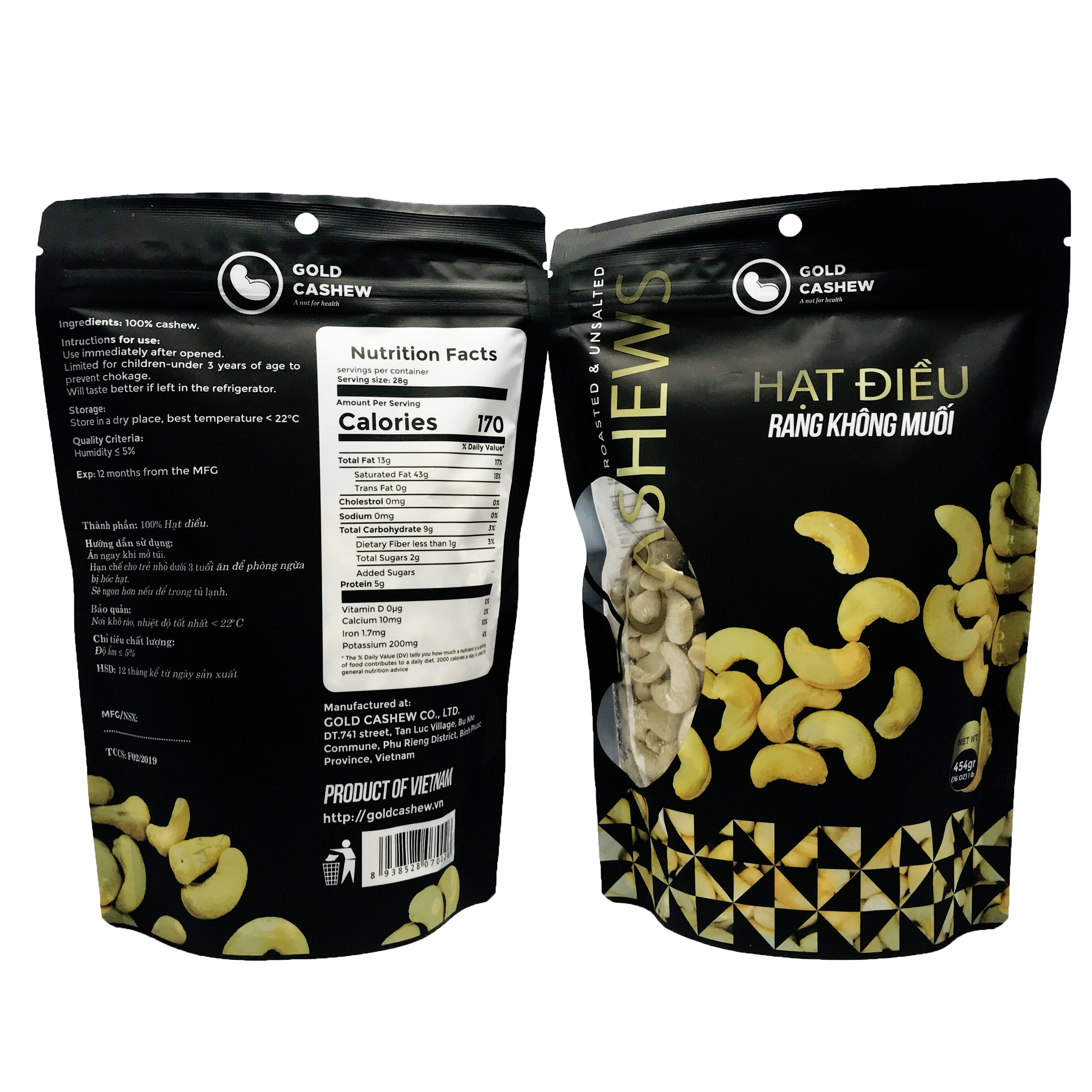 Hạt Điều Rang Không Muối Cao Cấp Gold Cashew (Gói 454g) - Premium Roasted &amp; Unsalted Cashew, Chuẩn hạt điều size WW240, Công nghệ rang không dầu, Không chất bảo quản, Không Cholesterol