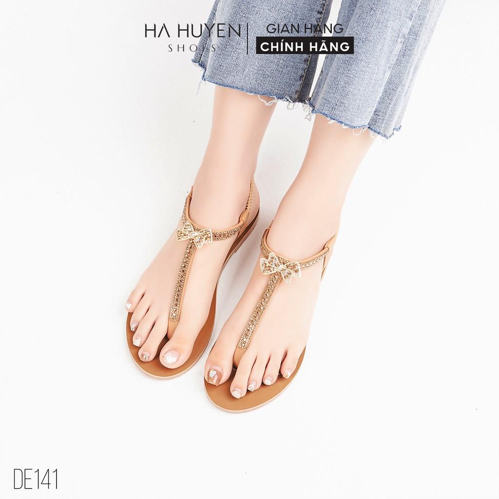 Sandal quai kẹp nữ Hà Huyền Shoes đính nơ đá quai chun thời trang - DE141