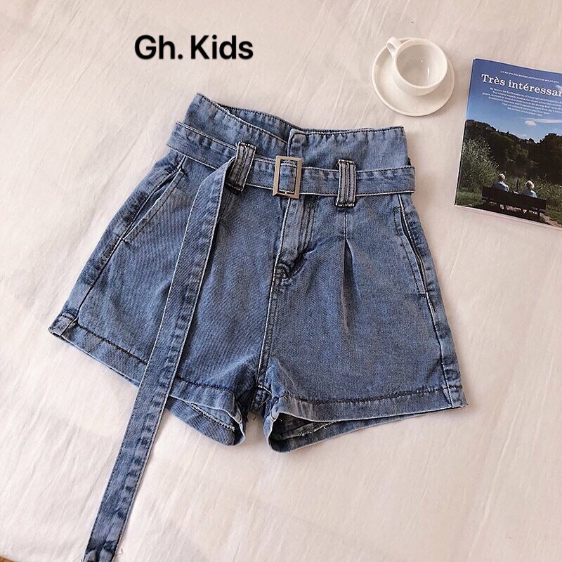 Quần đùi lưng cao kèm nịt phong cách cho bé gái từ 10-35kg chất jeans mềm co giãn nhiều thoải mái