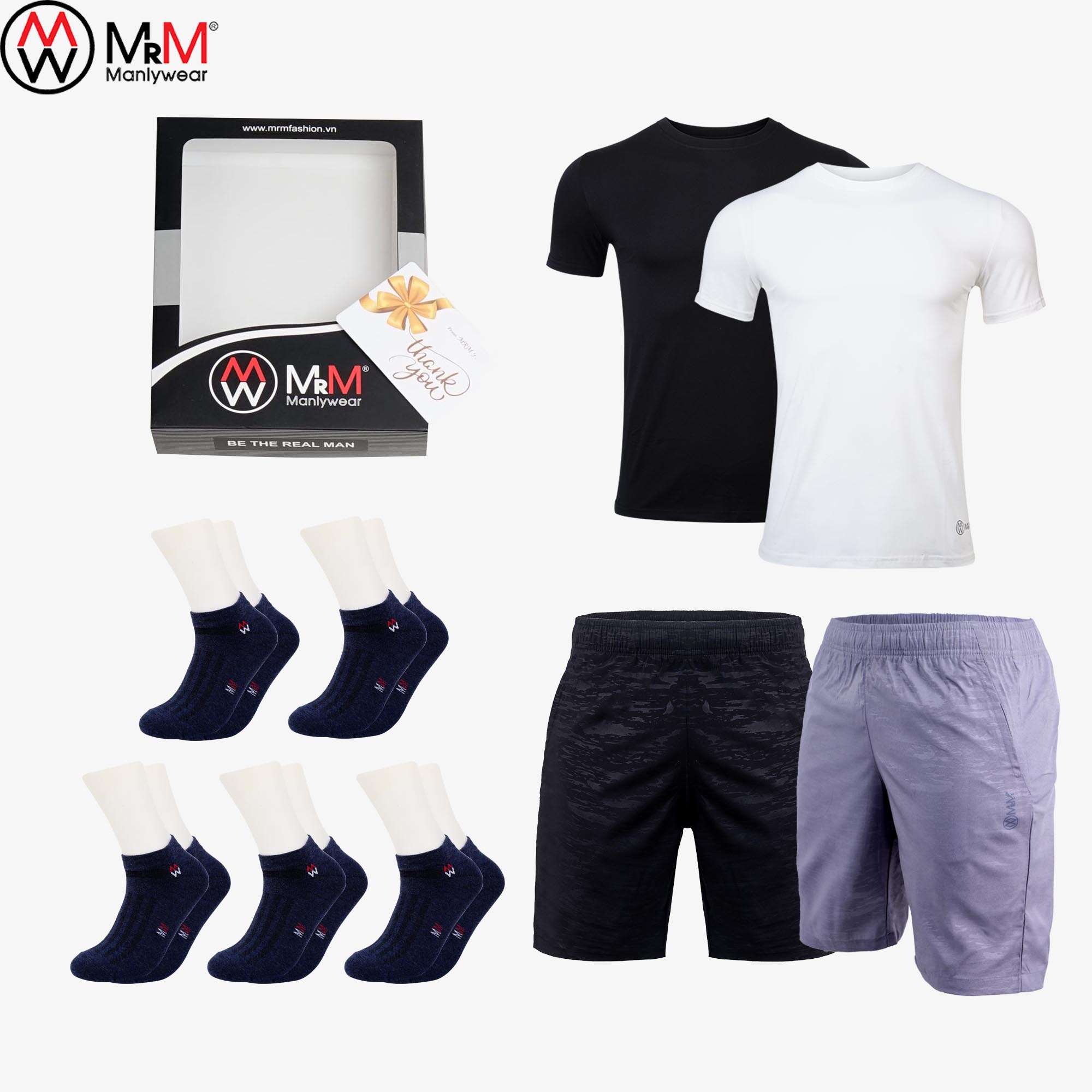 Elegant Box - 2 Áo thun nam, 2 quần short đùi nam rằn ri, 5 đôi tất nam cao cấp thương hiệu MRM Manlywear
