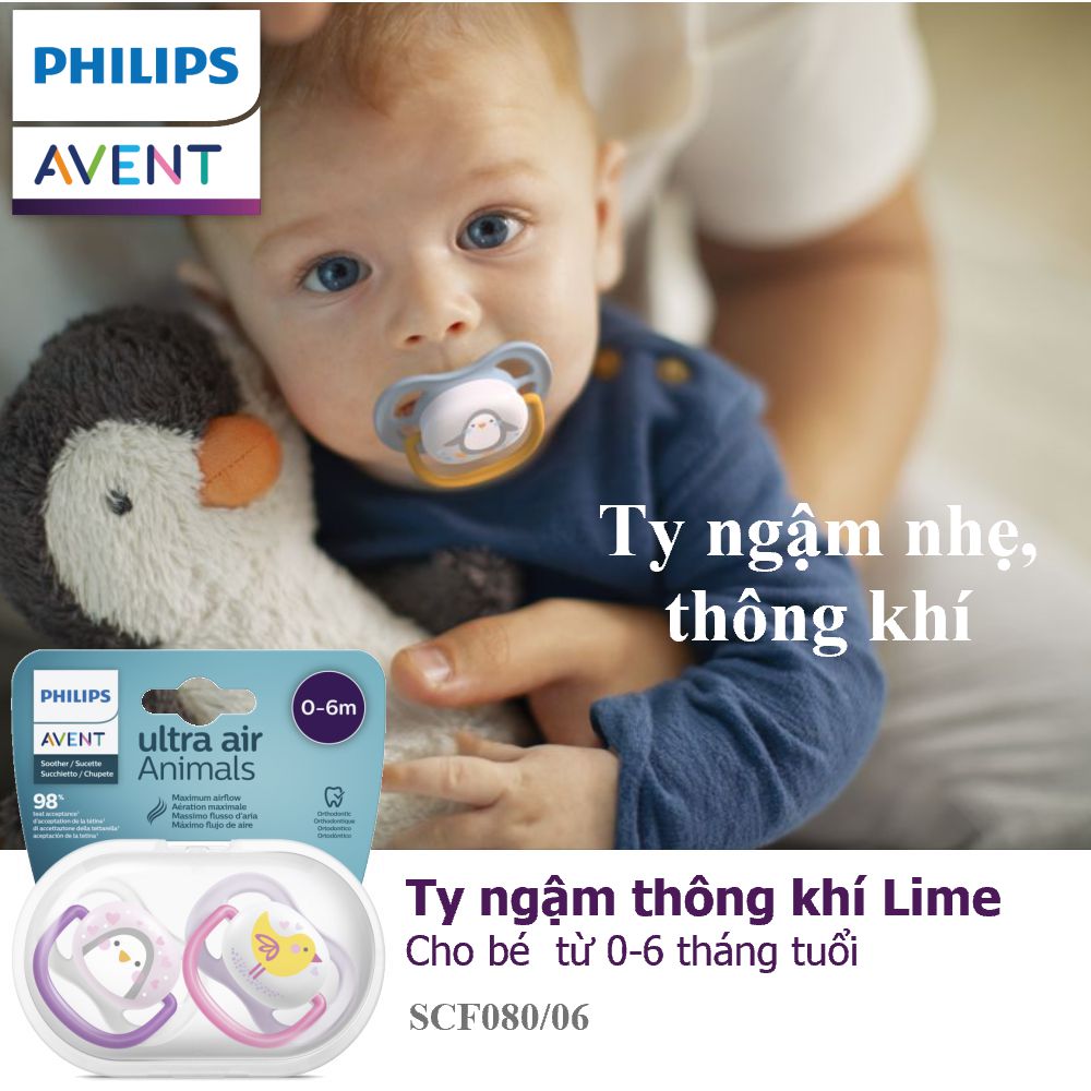 Núm ty ngậm thông khí Philips Avent hình thú (phiên bản Lime) cho trẻ từ 0-6 tháng tuổi _ vỉ đôi