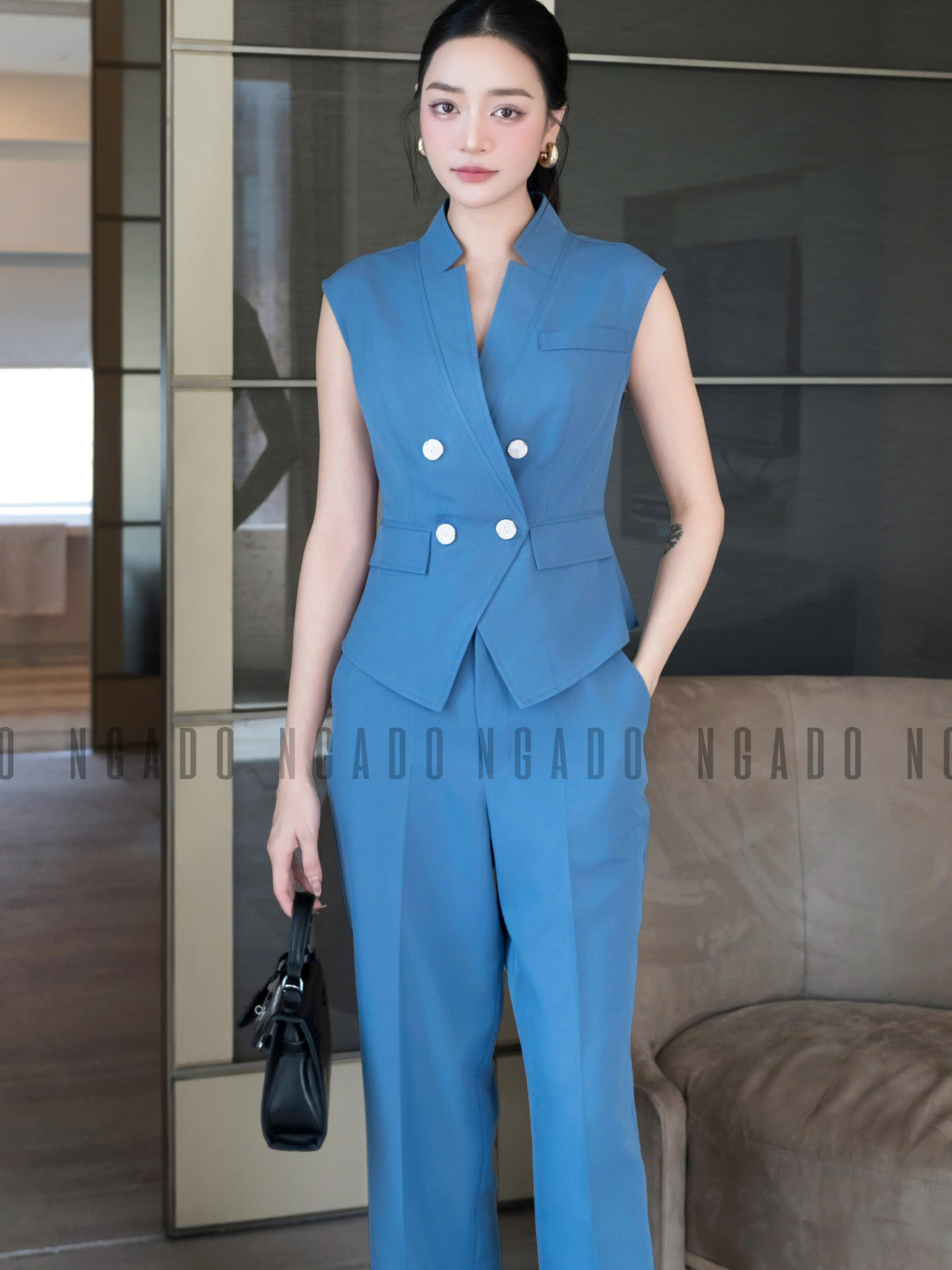 Set vest xanh cổ V NGADO , set áo quần Nữ , set công sở