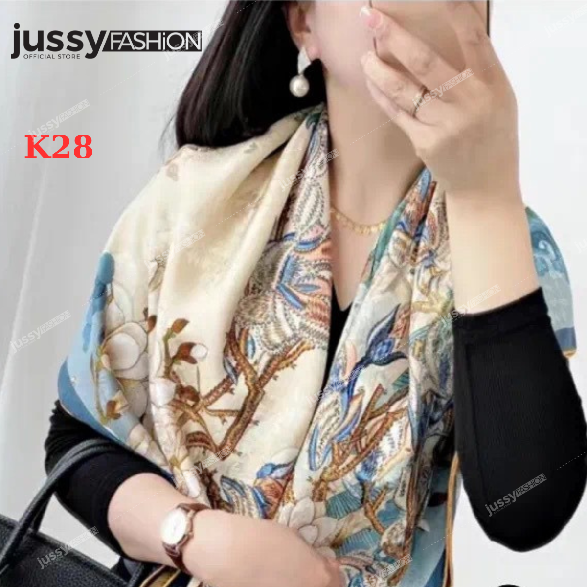 Khăn Lụa Vuông 110x110cm Jussy Fashion Họa Tiết Khăn Lụa Cao Cấp Chống Nắng Đi Biển Du Lịch Phong Cách Vintage