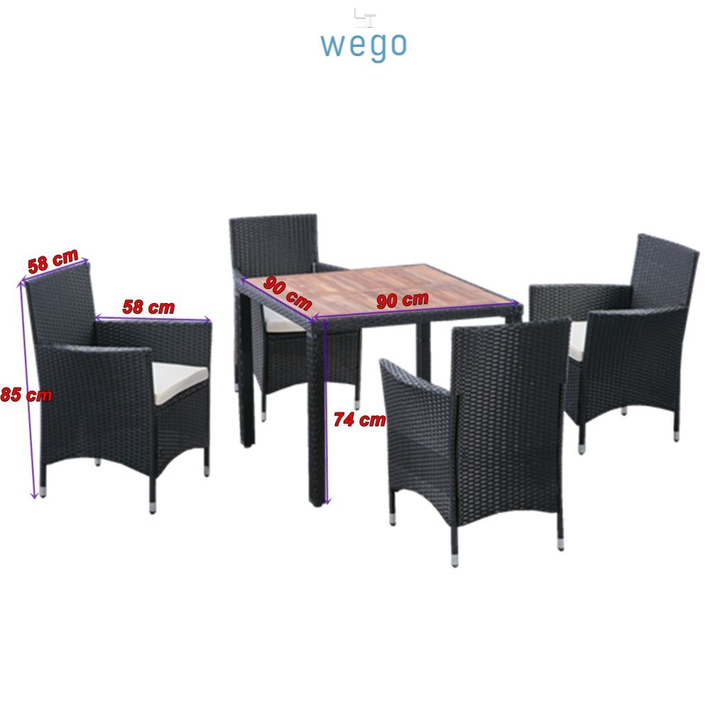 WEGO Bộ bàn ghế nội thất ngoài trời mây đan mây nhựa / Bộ sân vườn - Bộ bàn ăn Mặt bàn bằng gỗ keo với 4 ghế //Outdoor Furniture Rattan Chair set Garden Dining Table Set 4 Seater