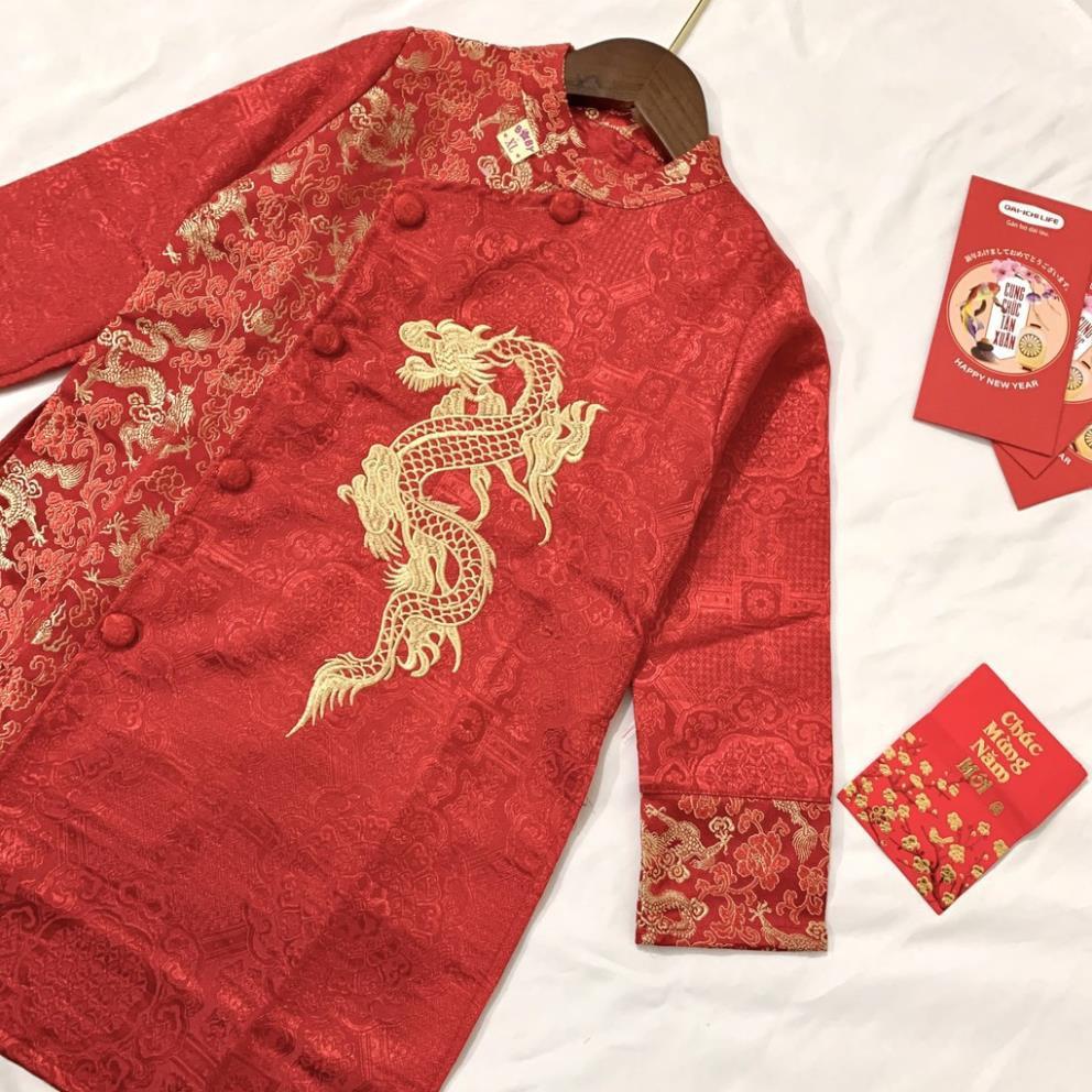 Áo Dài Cách Tân, Vải Gấm Hình Rồng Cho Bé Trai Diện Tết