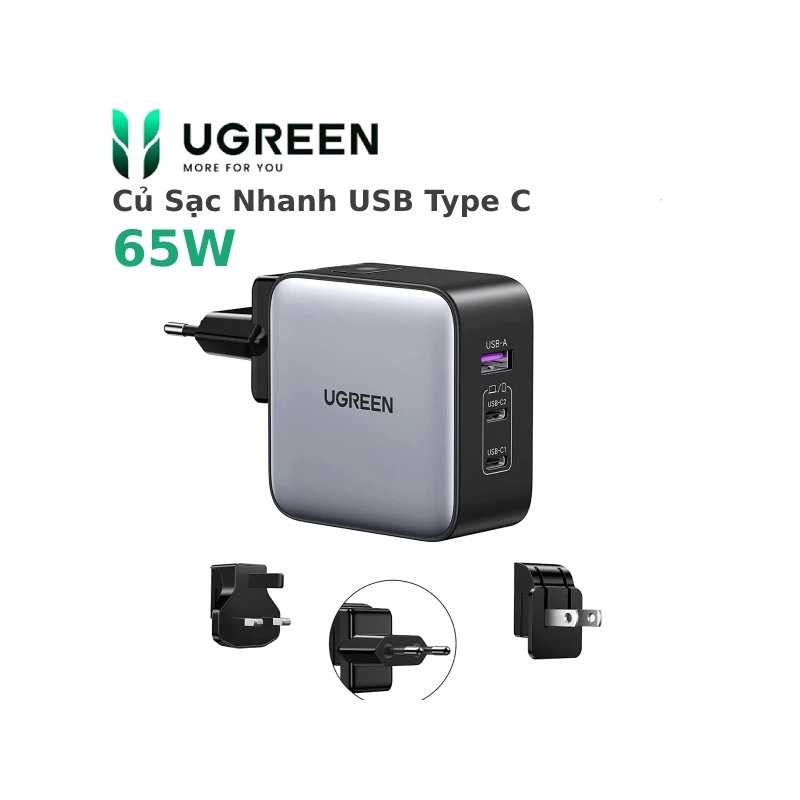 Củ sạc nhanh 65W GaN Nexode USB Type C Ugreen 90409 HÀNG CHÍNH HÃNG CÓ BẢO HÀNH !!!Với 3 cổng sạc 2x USB-C, 1x USB-A.