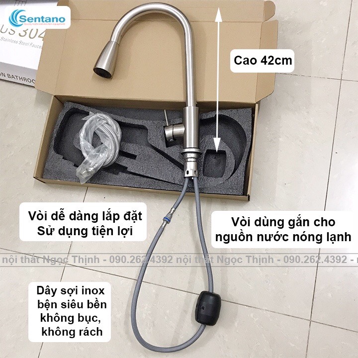 Vòi rửa chén bát Nóng Lạnh Có dây kéo rút tiện lợi chất liệu inox sus304 Xoay 360 độ Tặng kèm cặp dây cấp Nóng lạnh