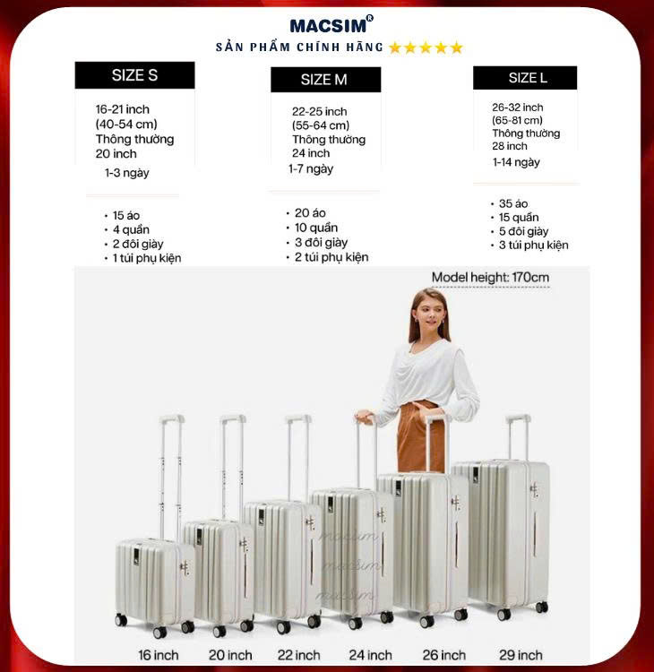 Vali cao cấp Macsim Aksen hàng loại 1 MSAK7034H cỡ 20 inch - màu ghi