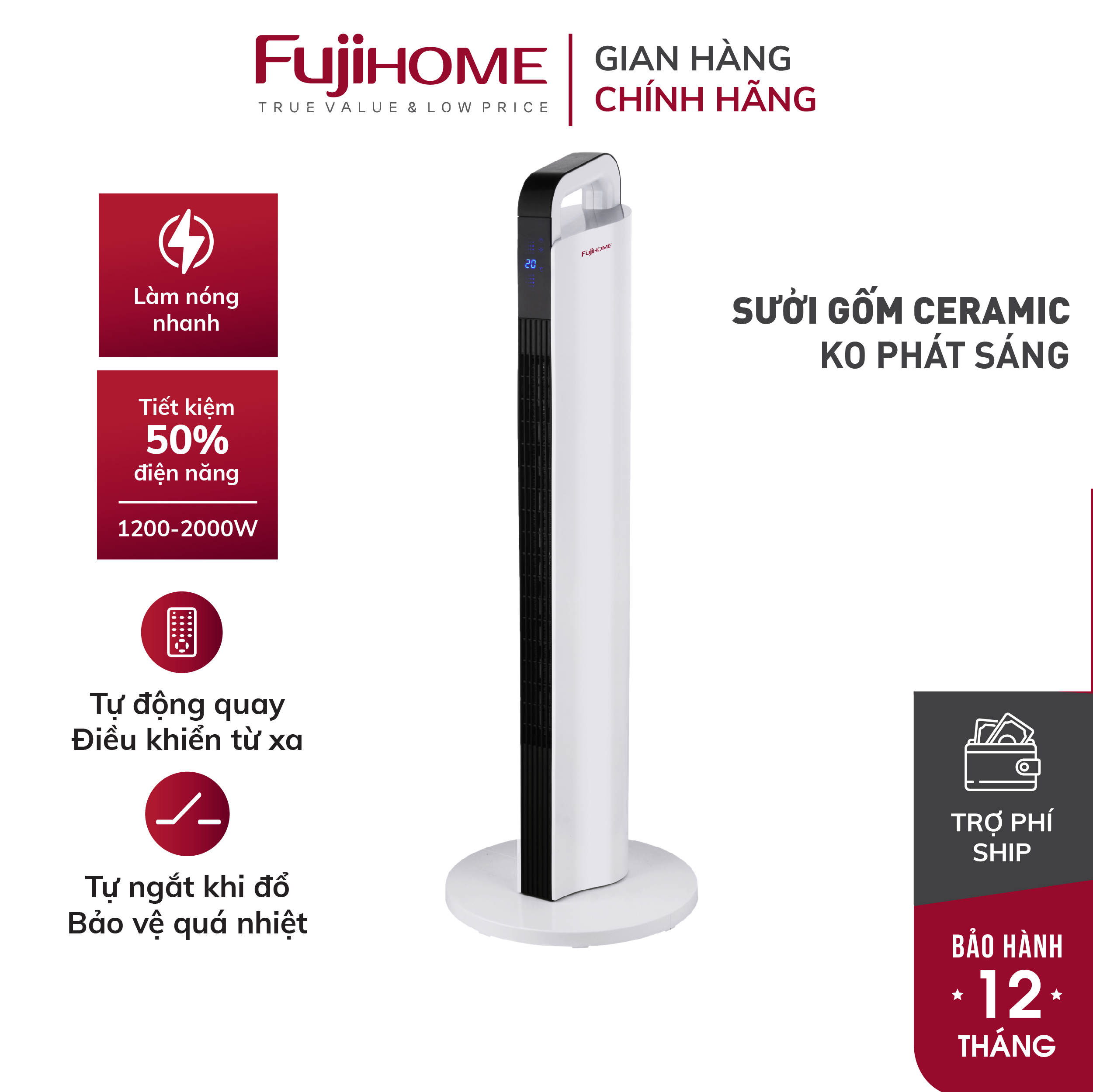 Máy sưởi gốm không khô da nhập khẩu FUJIHOME FH2000 điều khiển từ xa, quạt sưởi ấm có hẹn giờ, tự động ngắt ,không phát sáng, không đốt oxi- Hàng nhập khẩu