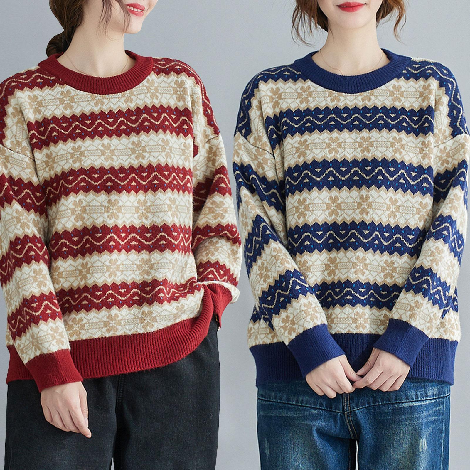 Women Warm Sweater Knitted Stripe O Neck Long Sleeve Drop Shoulder Pullover Sweatshirt Casual Loose Winter Blouse