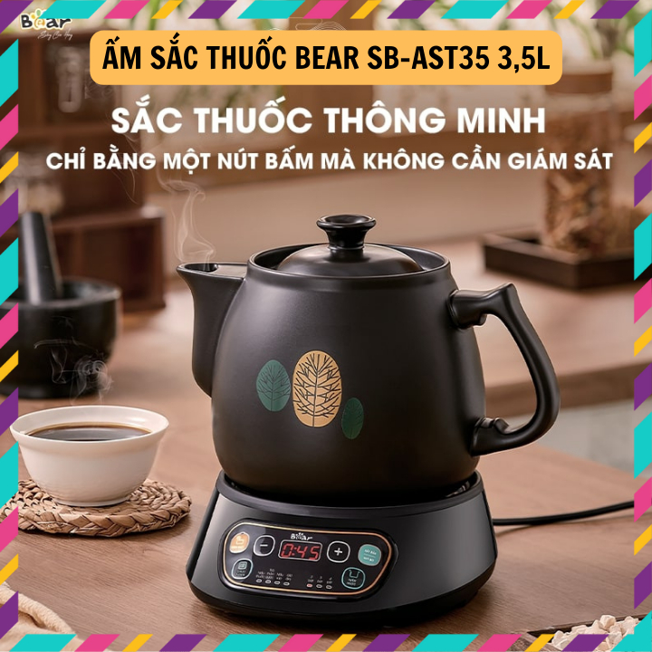 Ấm Sắc Thuốc Đa Năng Sothing Bear SB-AST35, Cắm Điện, Dung Tích 3,5l, Chất Liệu Gốm, Đất Sét Cao Cấp- Hàng Chính Hãng