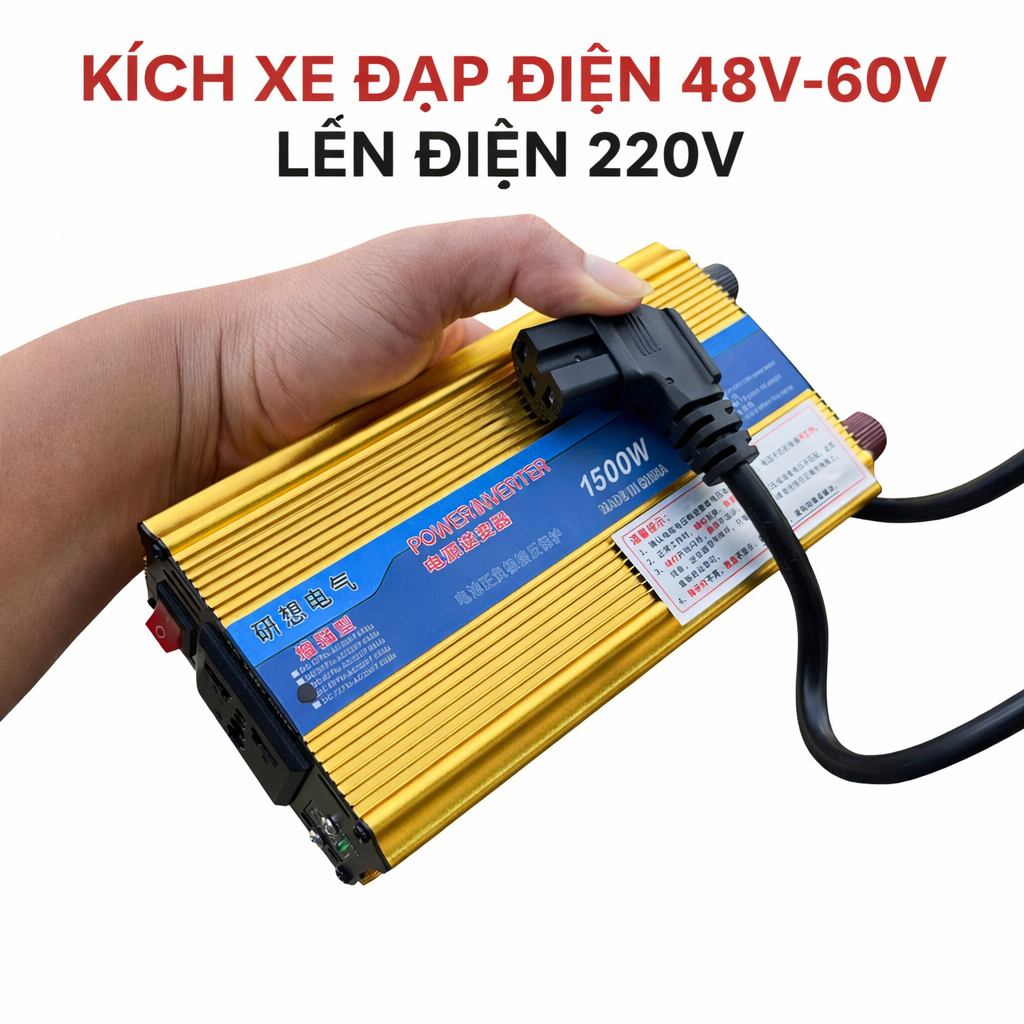 Bộ đổi điện 48V–60V lên 220V 1500W – Cắm trực tiếp xe đạp điện, phòng mất điện