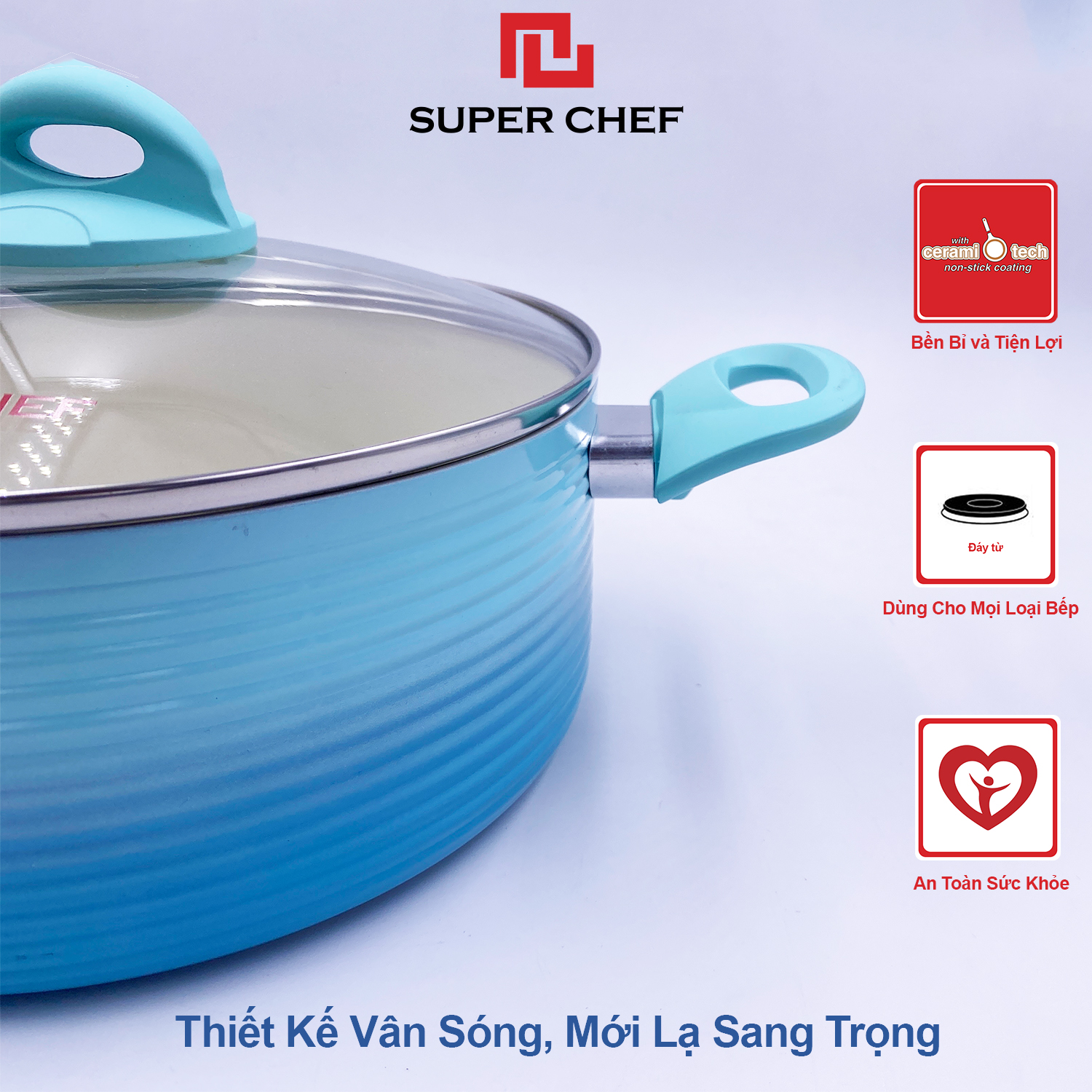 Nồi Chống Dính Ceramic Đáy Từ Cao Cấp Chef Blue Thiết Kế Mới, An Toàn Sức Khỏe, Siêu Bền Bỉ Không Bong Tróc, Hạn Chế Trầy Xước ( 20- 24cm)